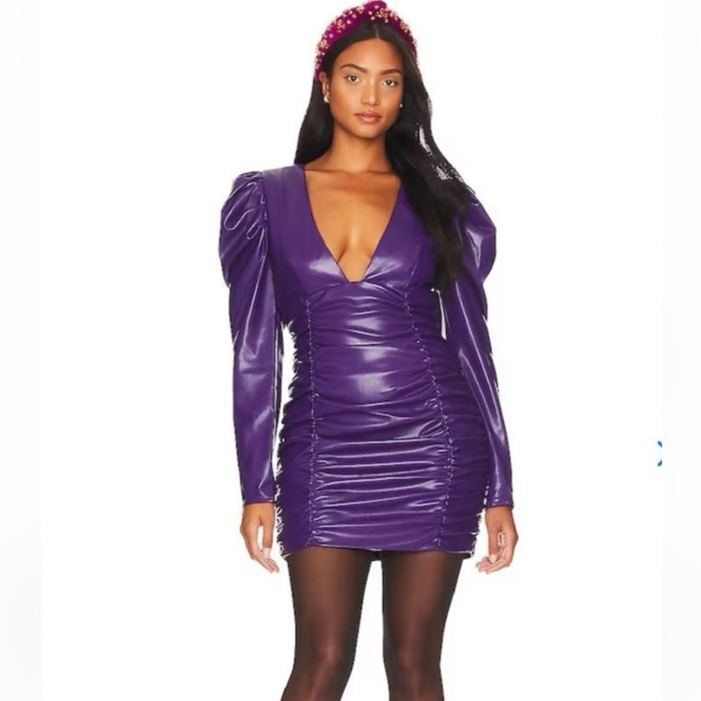 Lovers + Friends Bardot Purple Faux Leather Mini Ruched Formal Plunge Dress NWT